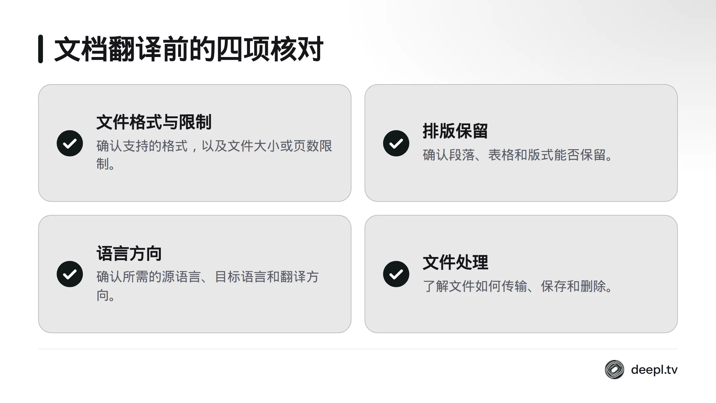 上传文档前,核对文件格式与限制、排版保留、语言方向,以及文件的传输、保存和删除方式。
