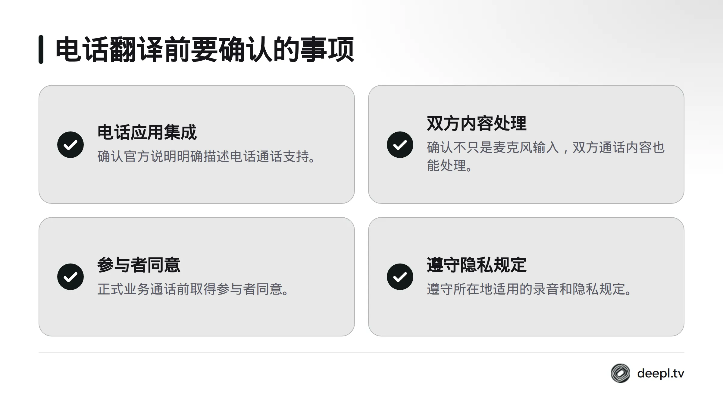 电话翻译需要确认电话应用集成和双方通话内容处理能力，并取得参与者同意、遵守录音与隐私规定。